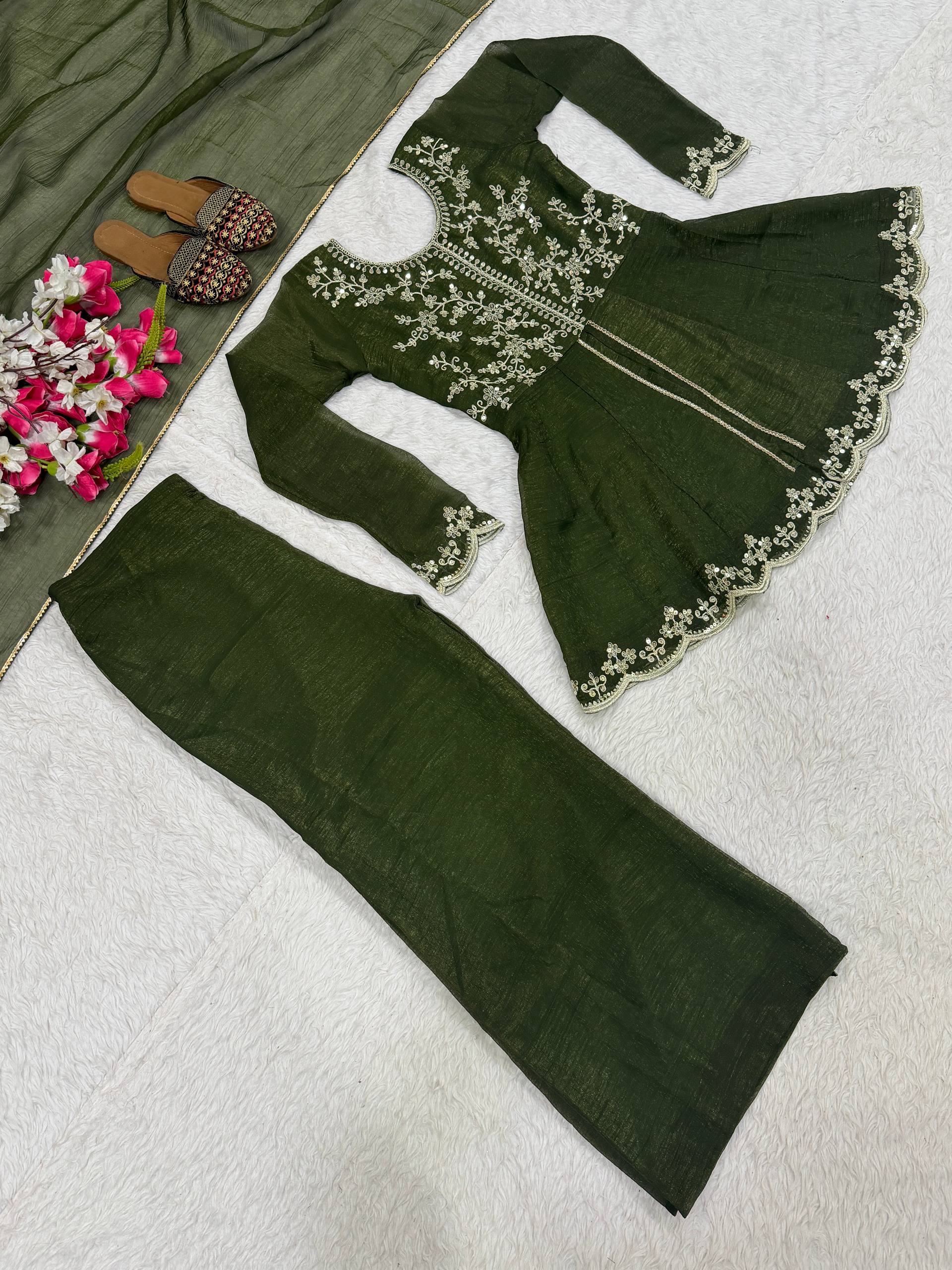Designer Party Wear Top, Palazzo & Dupatta in Heavy Crunchy Silk with Sequence Embroidery
