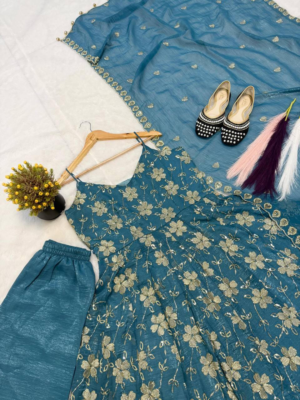 Designer Heavy Crushi Silk Sleeveless Bead Hand Work Anarkali Suit with Pant & Dupatta