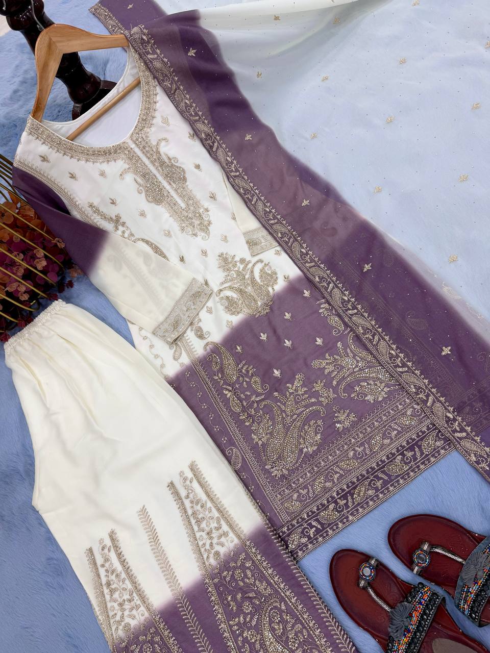 Designer Dual Tone Star Georgette Top Palazzo & Dupatta Set