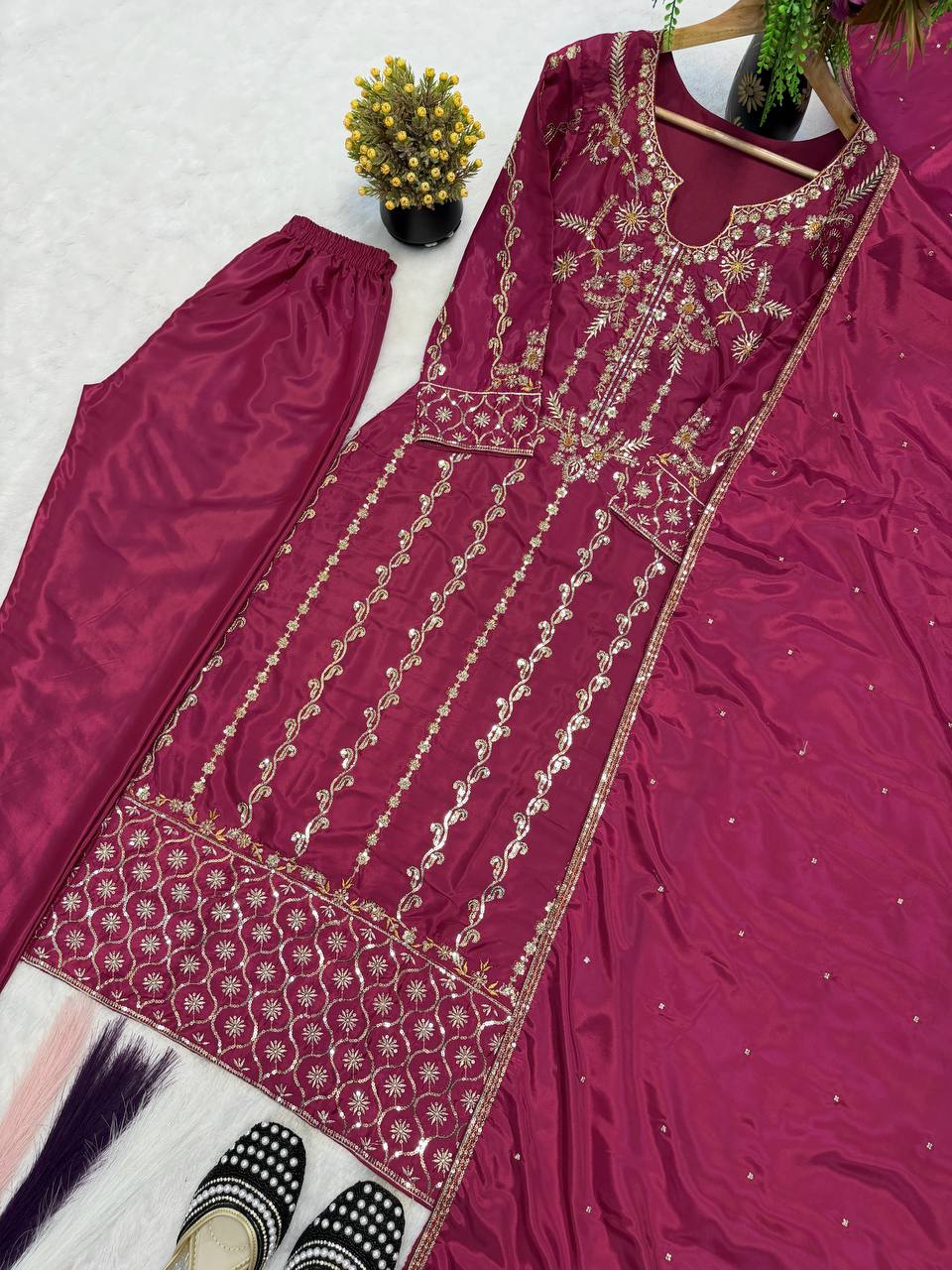 Designer Heavy Natural Crepe Silk Multi Needle Sequin Embroidered Long Suit Top Pant & Dupatta Set