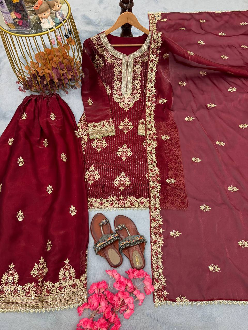 Silk Embroidered Stones Sequins Palazzo Suit Festive Wear