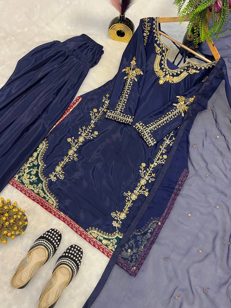 Designer Natural Crepe Silk Moti Full Hand Work Top Farshi Salwar & Organza Dupatta Set