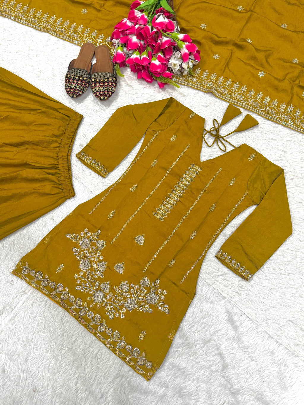 Designer Party Wear Top, Sharara Palazzo & Dupatta in NC Vichitra with Hand Work | ND-5064