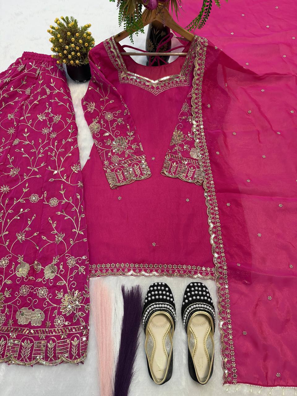 Designer Frendy Silk Sequin & Zari Embroidered Kali Cut Top Palazzo & Dupatta Set
