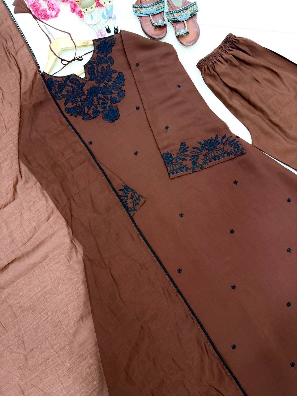 Designer Satin Mul Chanderi Kaftan Dress & Palazzo With Dupatta Set