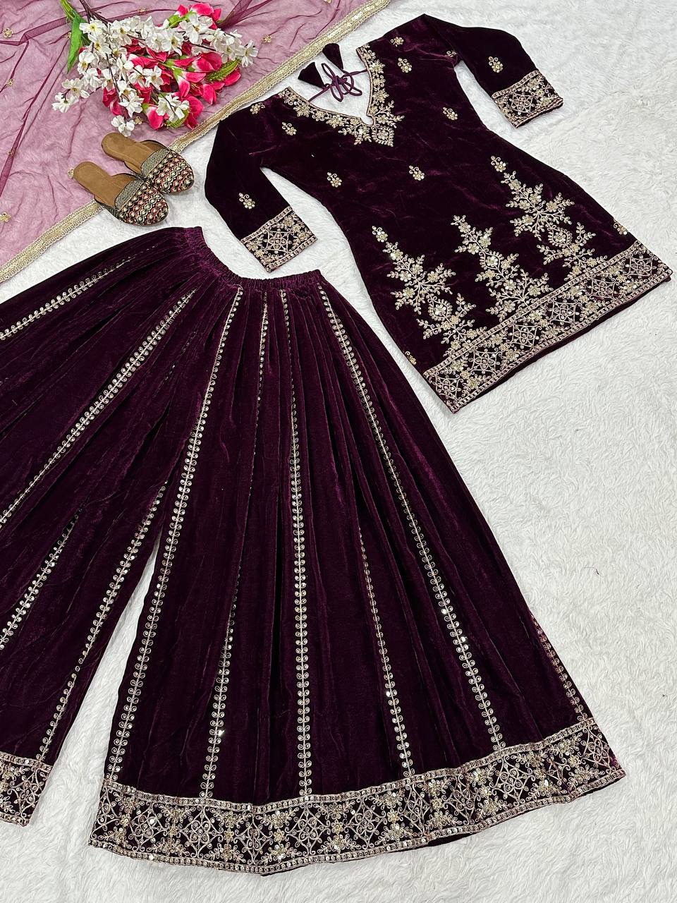 Designer Party Wear Top, Sharara Palazzo & Dupatta in Pure Heavy Viscous Velvet with Multi Needle Sequence
