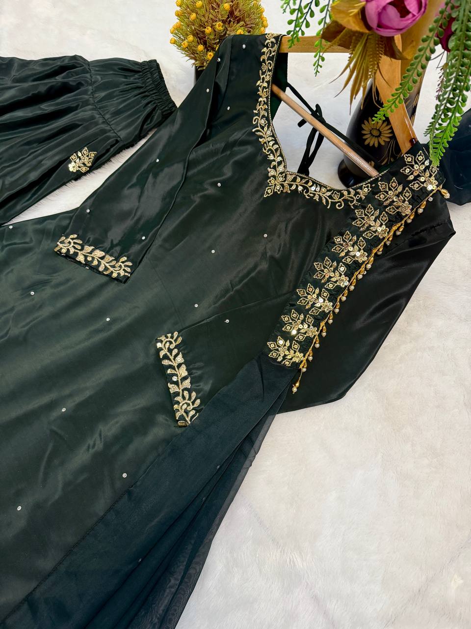 Designer Natural Crepe Silk Diamond Hand Work & Sequin Embroidered Top Farshi Salwar & Organza Dupatta Set