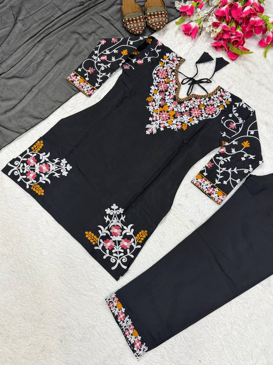 Designer Party Wear Top with Farshi Salwar & Dupatta in Heavy Roman Silk with Embroidery | ND-5058