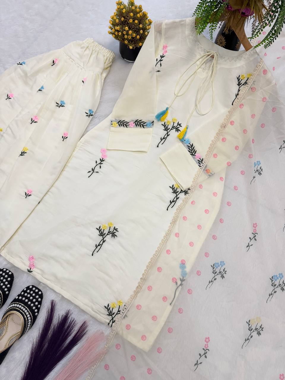 Designer Cotton Silk Multi Needle Embroidered Top Farshi Salwar & Organza Dupatta Set