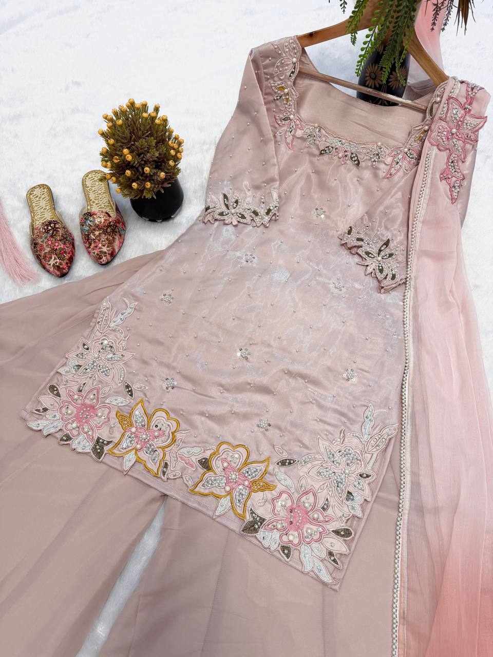 Designer Party Wear Roman Glass Silk Embroidered Top with Sharara Palazzo and Dupatta | MC-2047