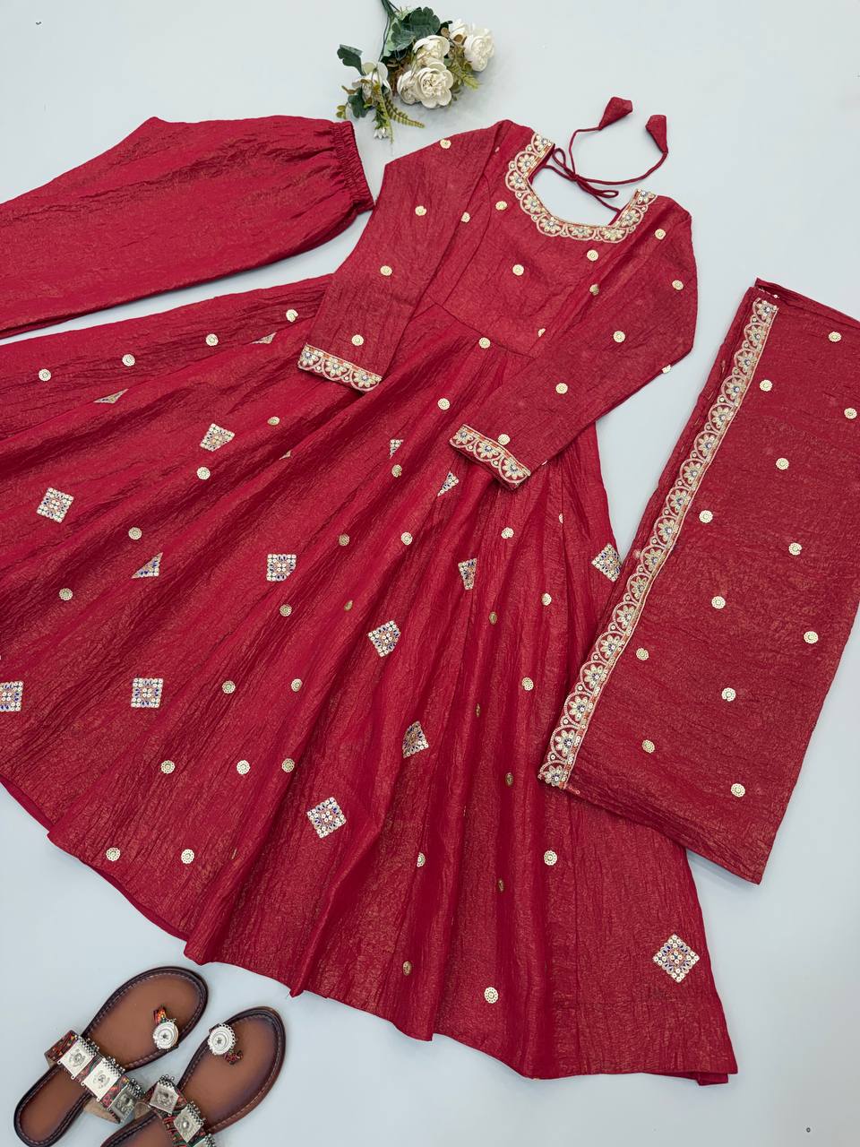 Designer Gown with Pant & Dupatta in Crunchy Silk with Embroidery Sequence Work & Full Flair | SRK-5351