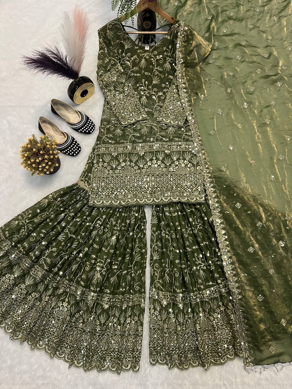 Designer Fancy Crushi Silk Sequin Embroidered Top Sharara Palazzo & Dupatta Set