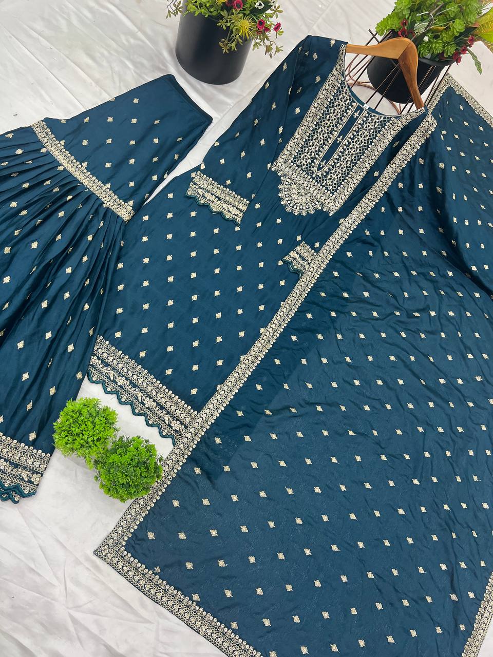 Peacock Blue Chinon Silk Gharara Suit with Zari & Sequin Work