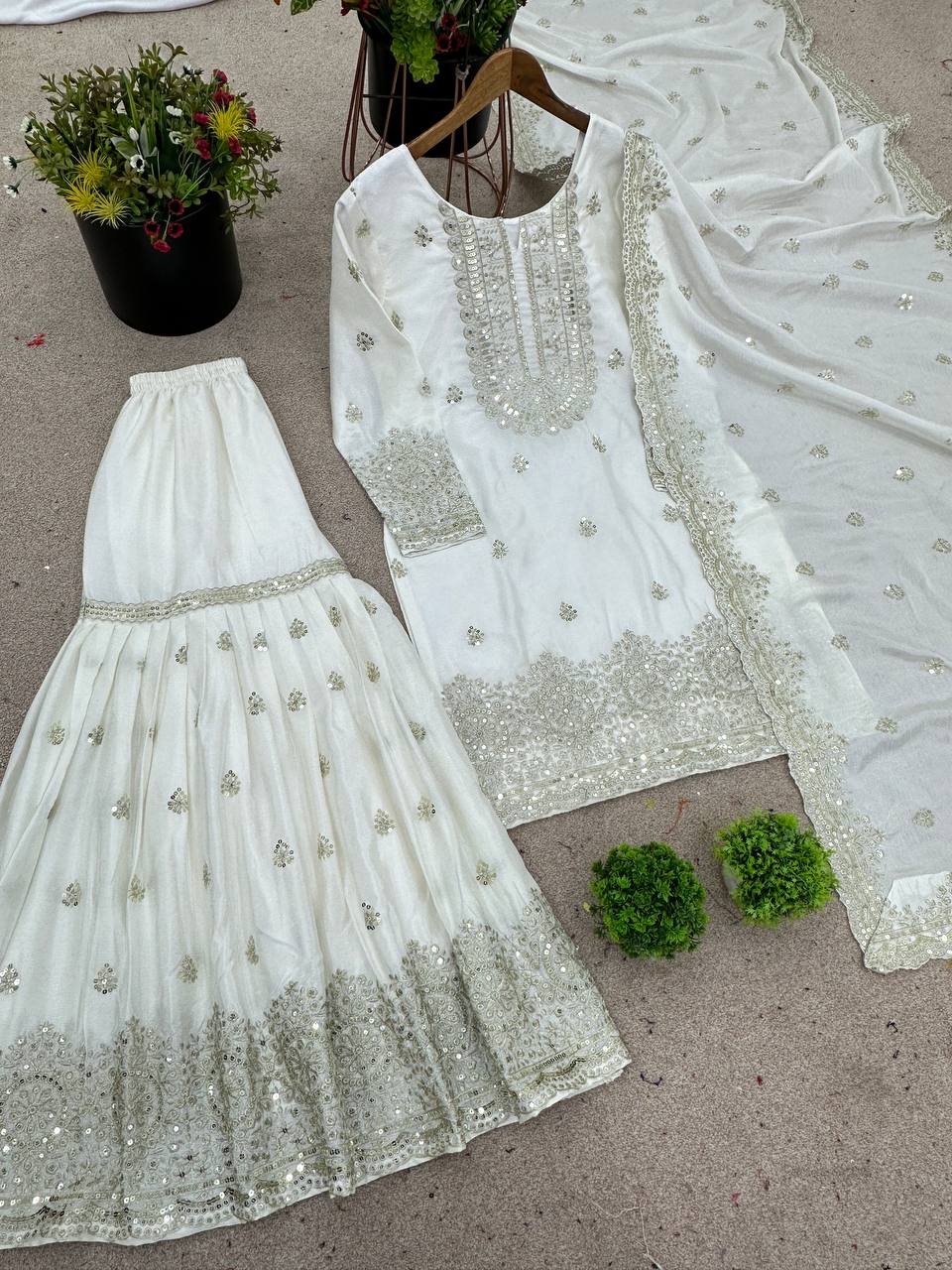 White & Gold Chinon Silk Sharara Palazzo Dupatta Set — Festive Wear