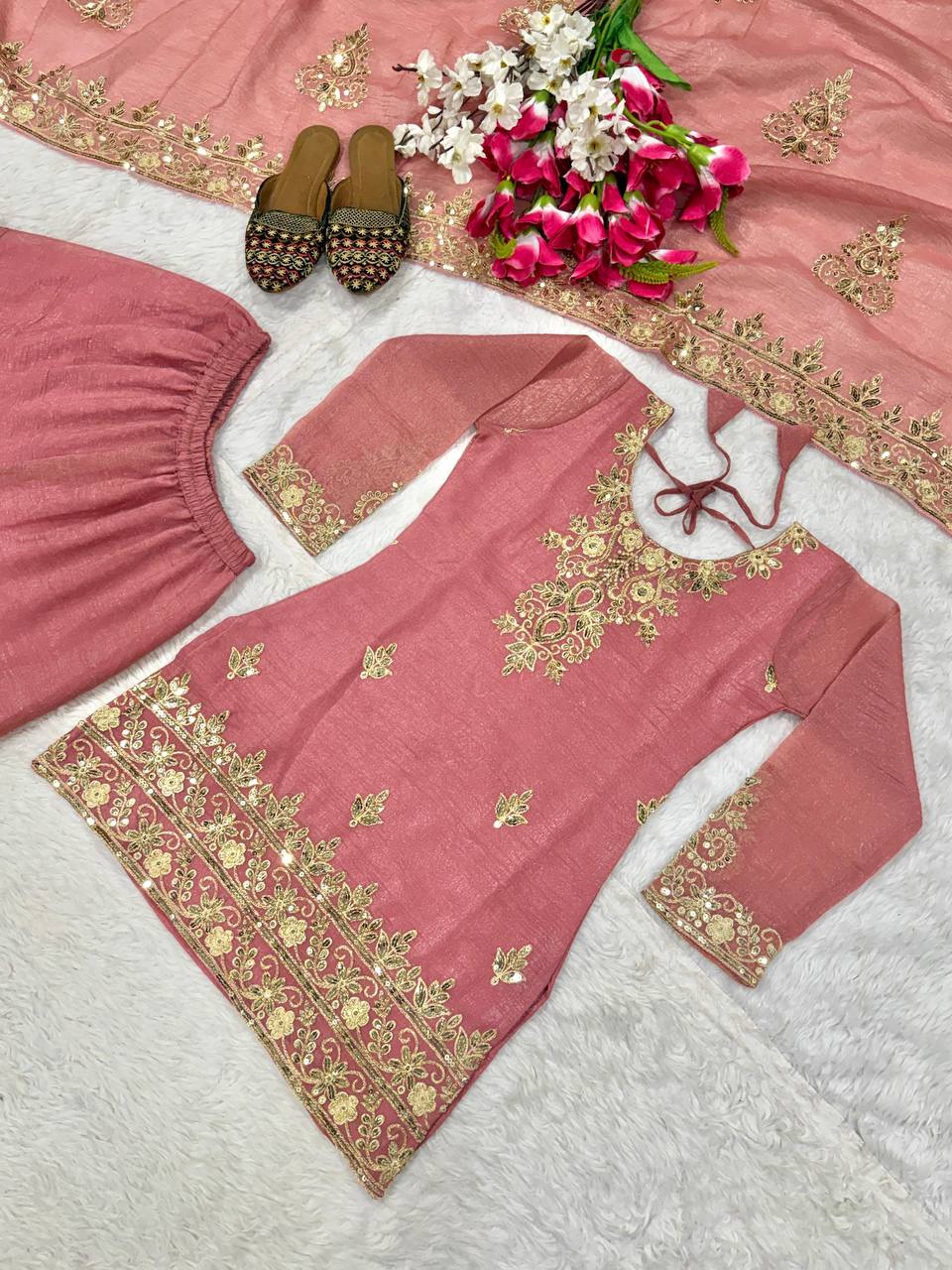 Designer Party Wear Top, Sharara Palazzo & Dupatta in Heavy Crunchy Silk with Sequence Embroidery | 5060