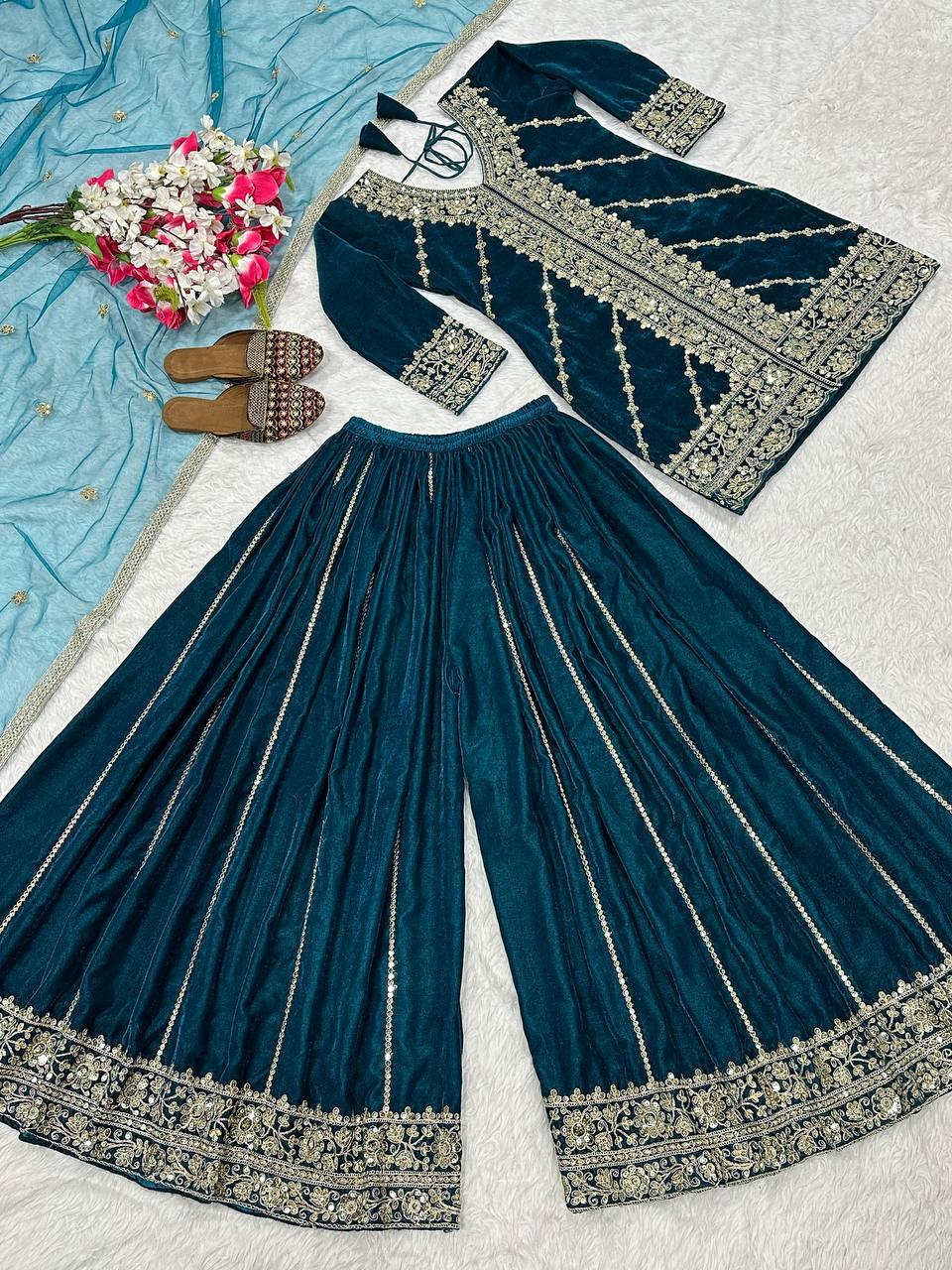 Designer Party Wear Top, Sharara Palazzo & Dupatta in Pure Heavy Viscous Velvet with Multi Needle Sequence
