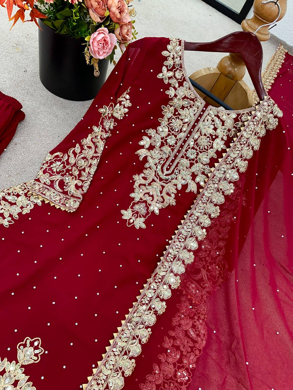 Maroon Georgette Coding Sequence Salwar Suit with Moti Work