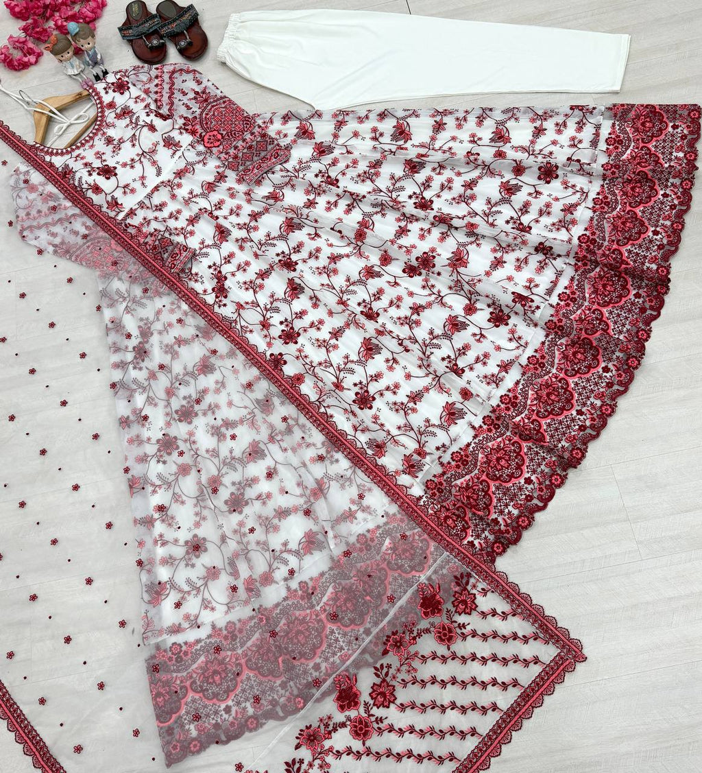 White Georgette & Organza Silk Embroidered Gown — Wedding & Festive Wear