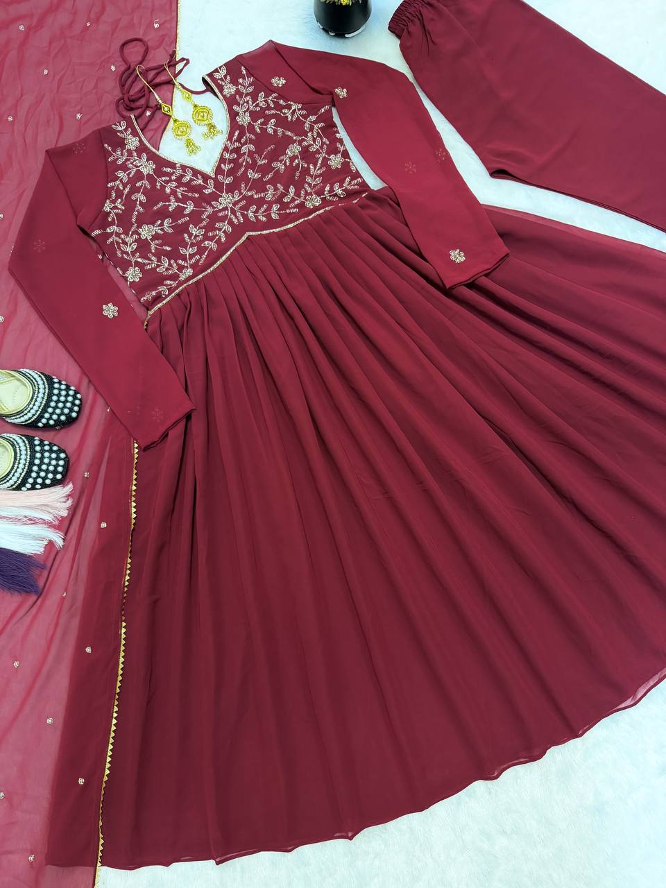 Designer Heavy Faux Georgette Bead Hand Work Gown Anarkali Suit with Pant & Dupatta