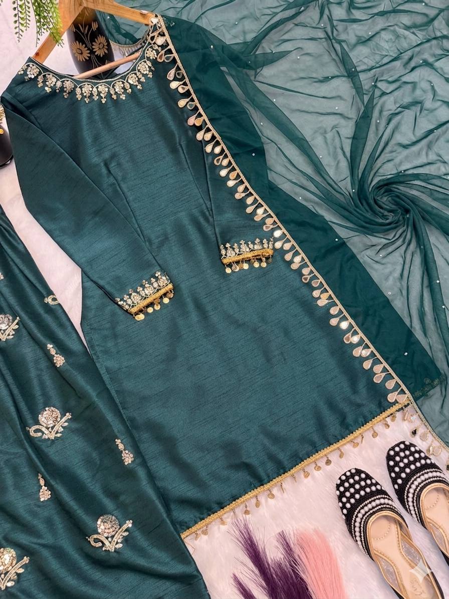 Designer Party Wear Aada Slab Silk Sequin Top with Farshi Salwar and Dupatta