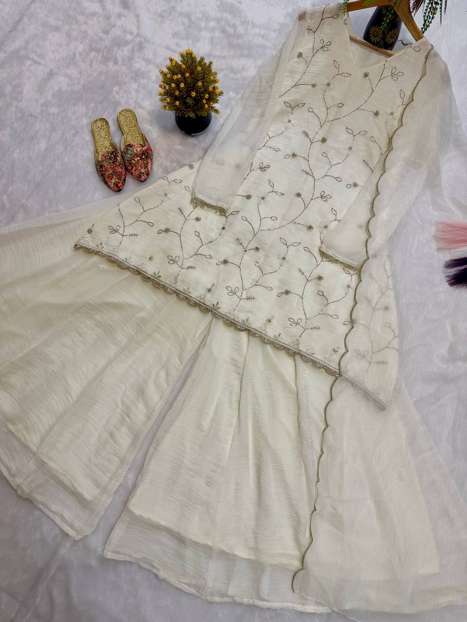 Designer Party Wear Crunchy Georgette Silk Embroidered Top with Sharara Palazzo and Dupatta