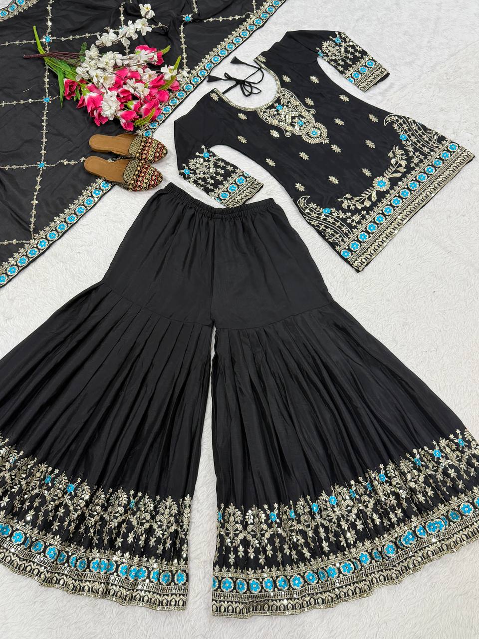 Designer Party Wear Top, Sharara Palazzo & Dupatta in Heavy NC Vichitra Silk with Sequence Embroidery
