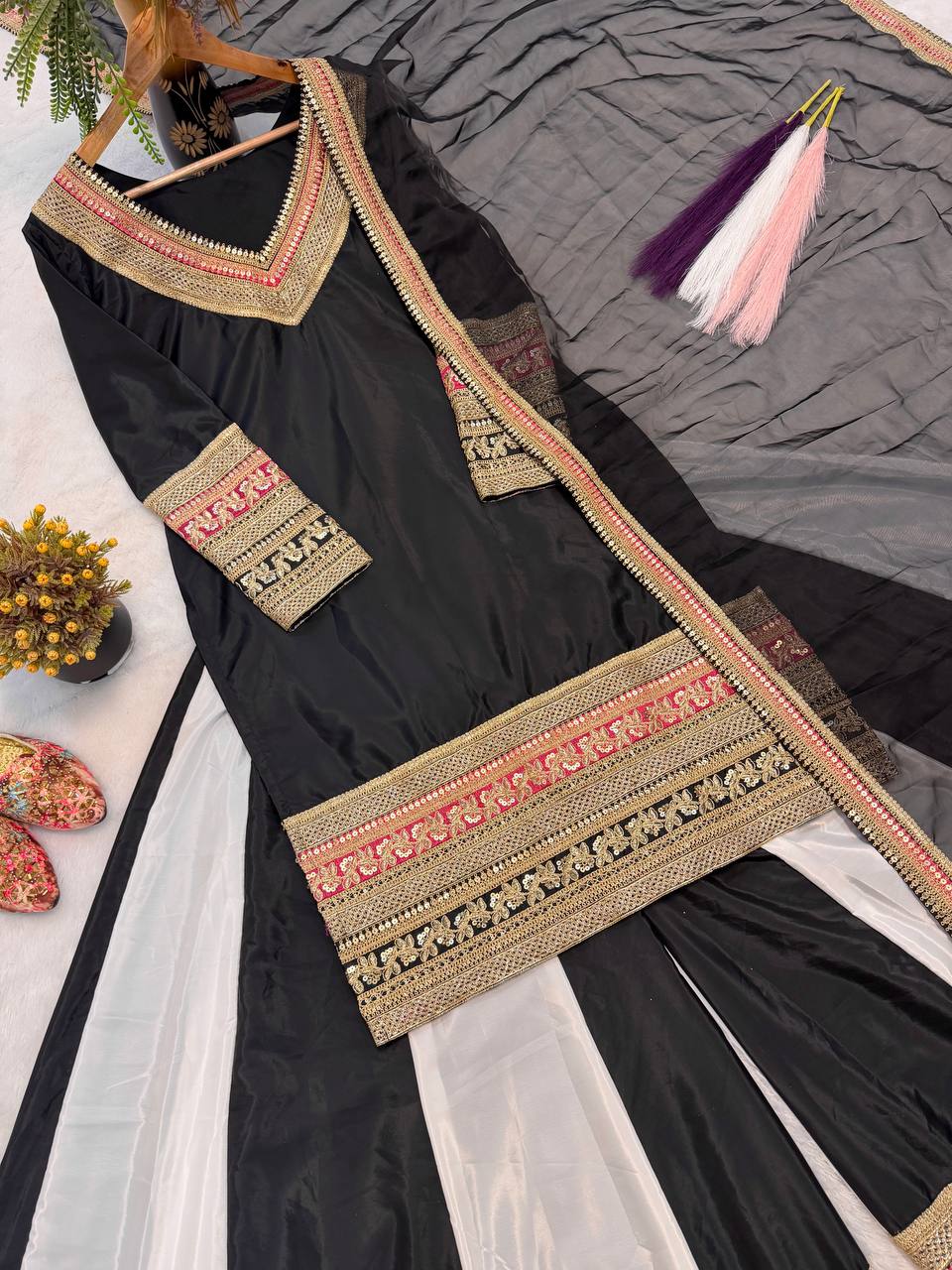Designer Party Wear Natural Crep Silk Embroidered Top with Sharara Palazzo and Dupatta