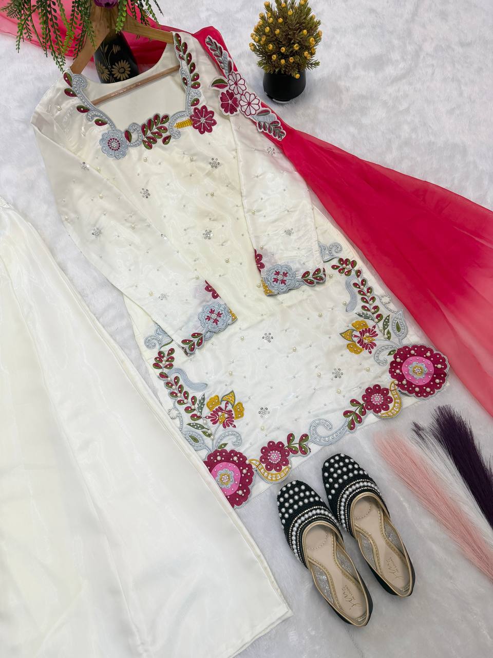 Designer Party Wear Roman Glass Silk Top with Sharara Palazzo and Dupatta