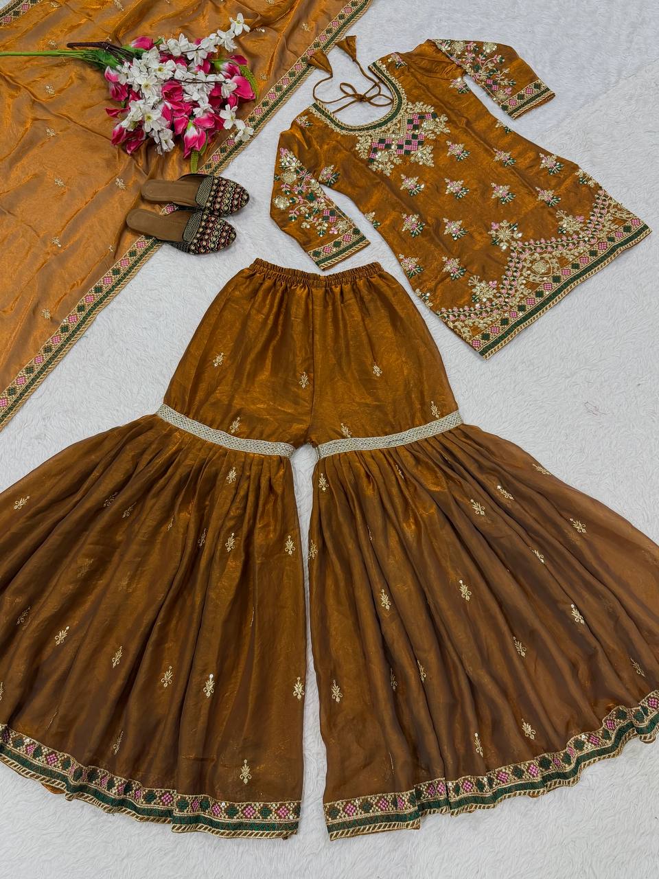 Designer Party Wear Top, Sharara Palazzo & Dupatta in Heavy Fandy Silk with Sequence Embroidery
