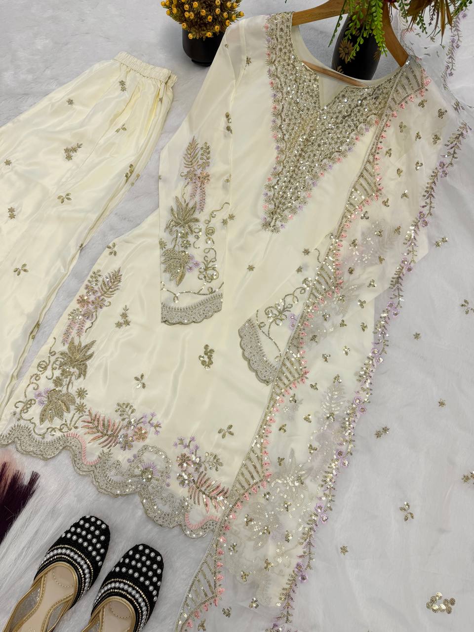 Designer Natural Crepe Silk Multi Needle Sequin Embroidered Top Sharara Palazzo & Organza Dupatta Set