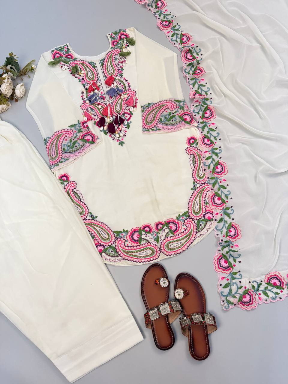 Designer Pure Heavy Georgette Embroidery Thread Work Top Farshi & Dupatta Set