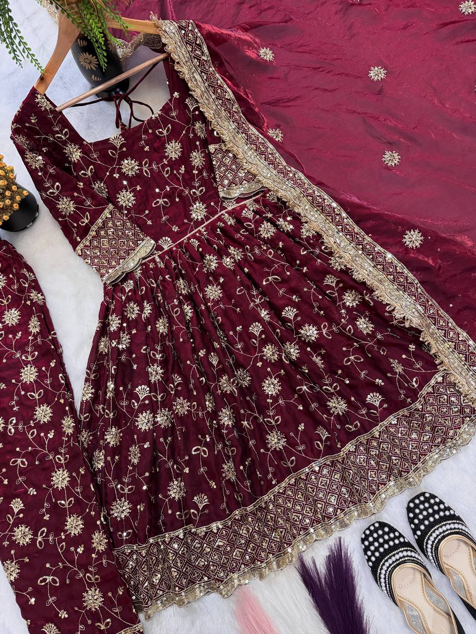 Designer Heavy Fancy Silk 3mm & 5mm Sequin Embroidered Gown Top Pant & Dupatta Set