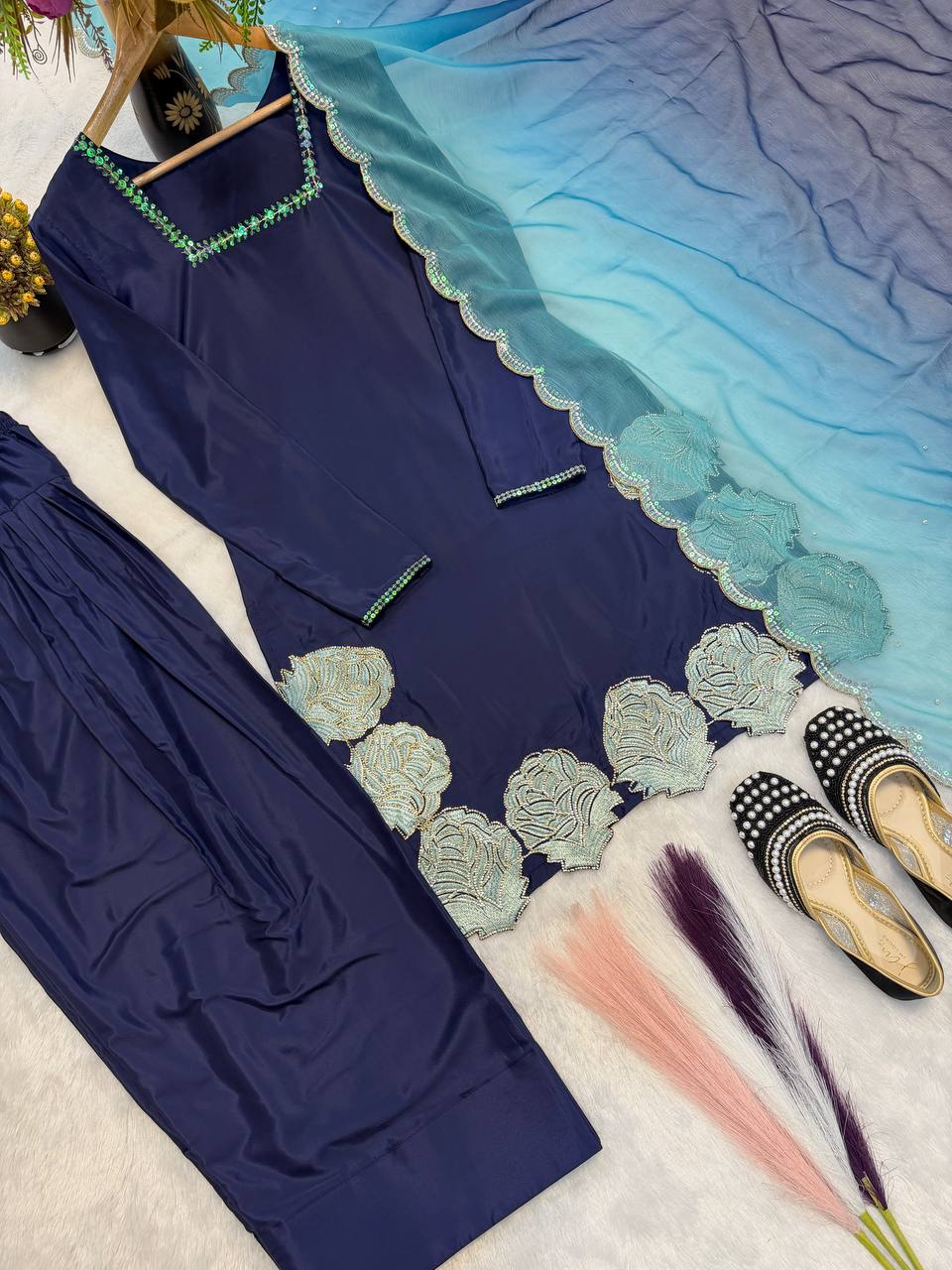Designer Natural Crepe Silk Diamond Sequin Embroidered Top Farshi Salwar & Chiffon Dupatta Set