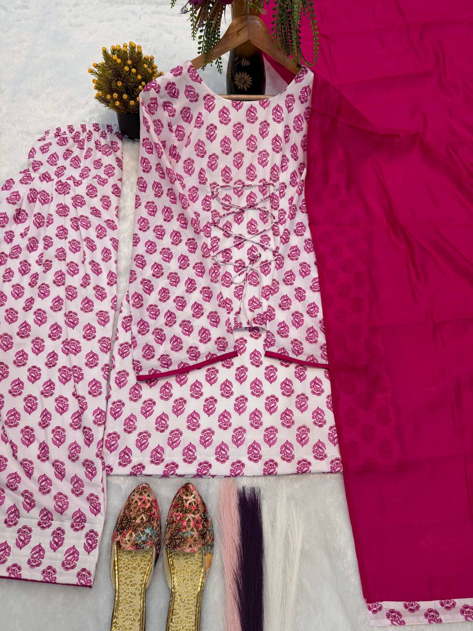 Designer Party Wear Cameric Cotton Fancy Sleeve Top with Farshi Pant and Dupatta