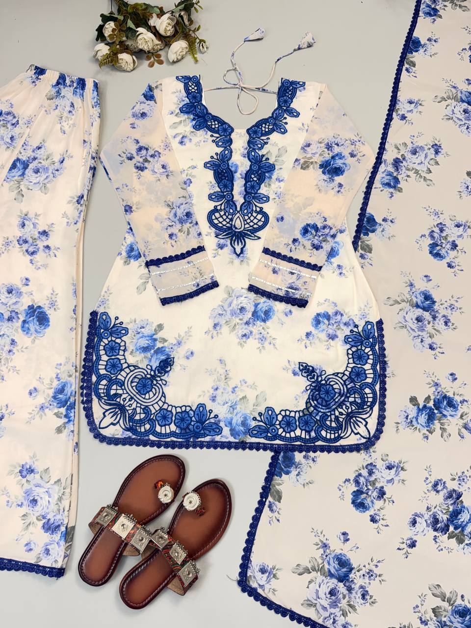 Designer Top, Palazzo & Dupatta in Heavy Faux Georgette Silk with Embroidery & Digital Print | SRK-5352