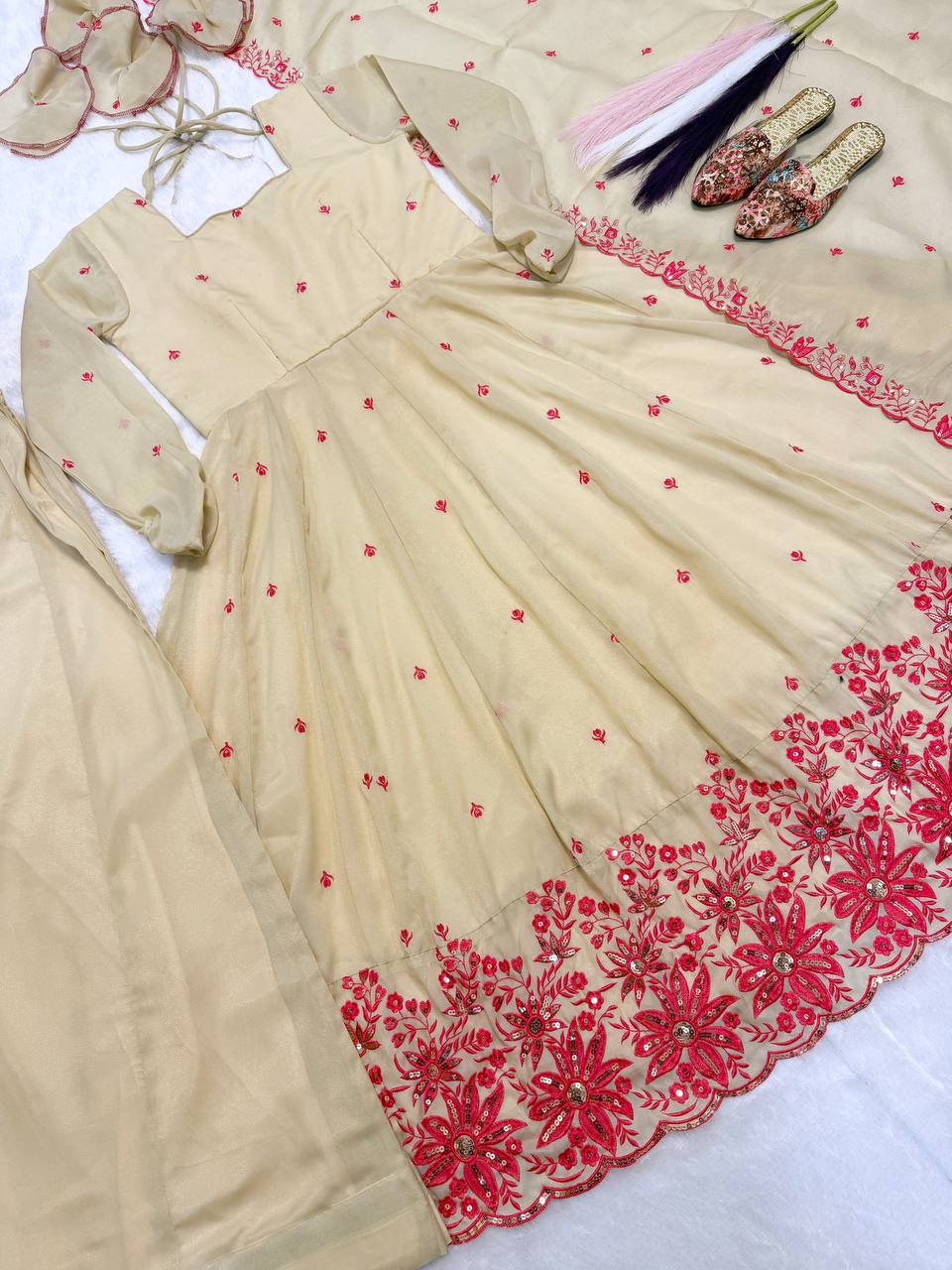 Designer Cosmos Silk Anarkali Suit with Sharara Palazzo and Dupatta