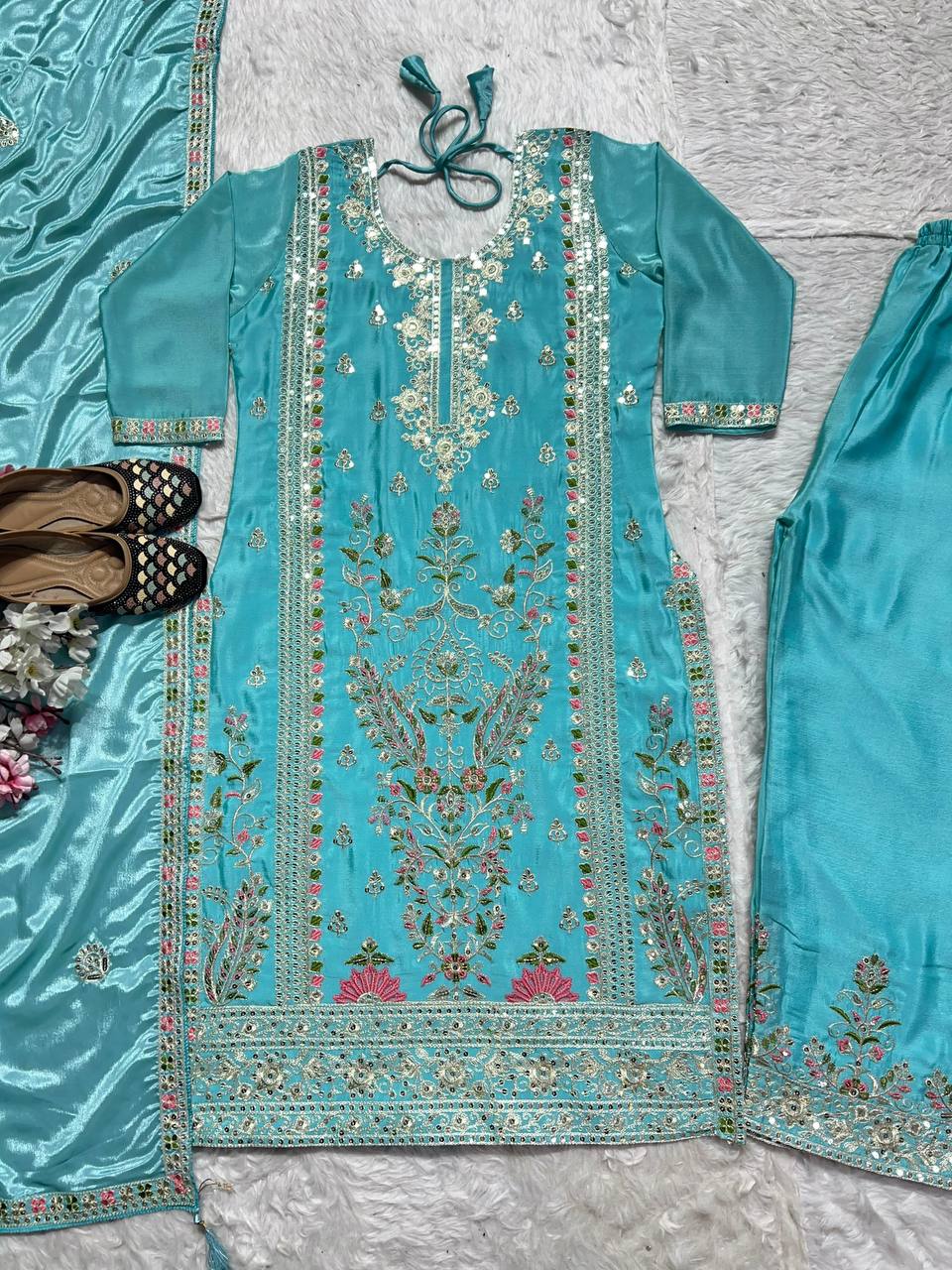 Designer Sharara Palazzo Set in Pure Chinnon Silk with Embroidery Coding Sequence Work | ND-5062