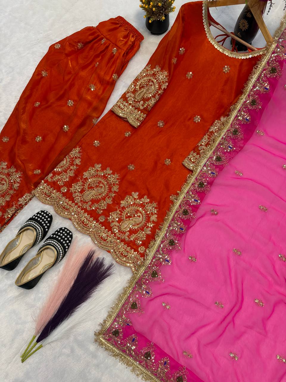 Designer Fancy Crushi Silk Thread & Sequin Embroidered Top Farshi Salwar & Faux Georgette Dupatta Set