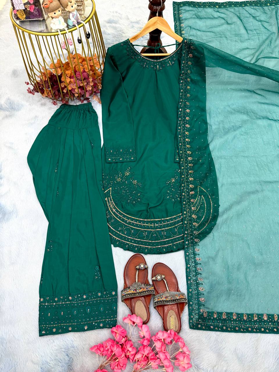 Party Wear Crepe Top With Farshi Palazzo & Organza Dupatta Set Stitched