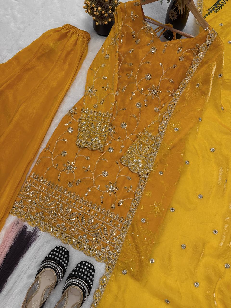 Designer Frendy Silk 5mm Sequin Thread & Zari Embroidered Kali Cut Top Palazzo & Dupatta Set