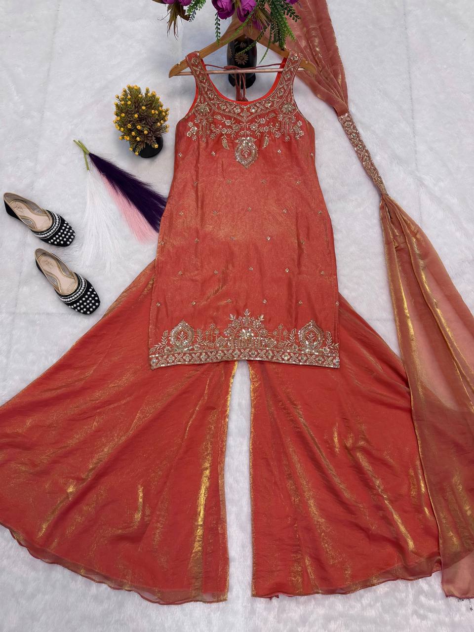 Designer Frendy Silk Bead & Sequin Embroidered Top Palazzo & Dupatta Set