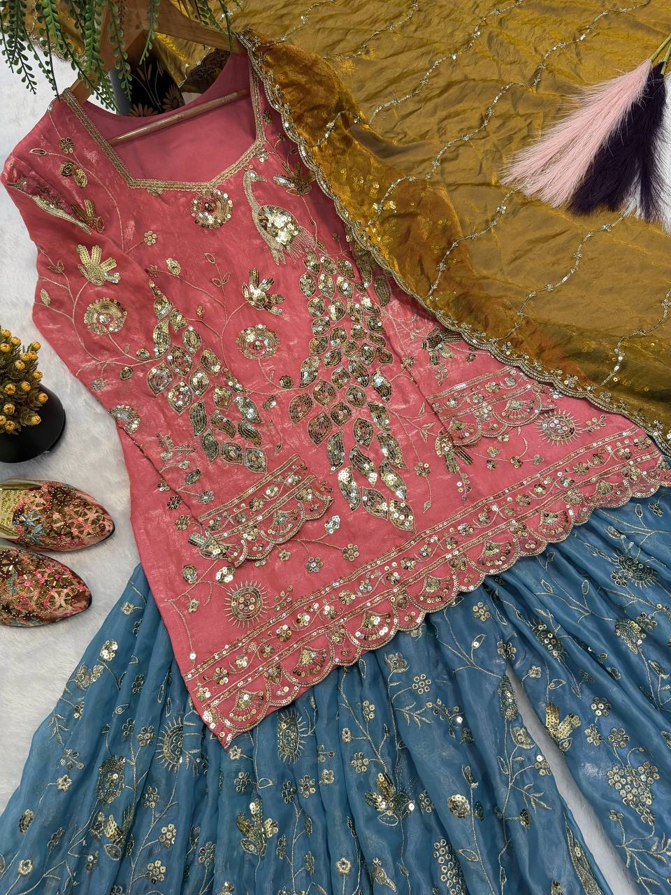 Designer Party Wear Fandy Crushi Silk Sequin Embroidered Top with Sharara Palazzo and Dupatta
