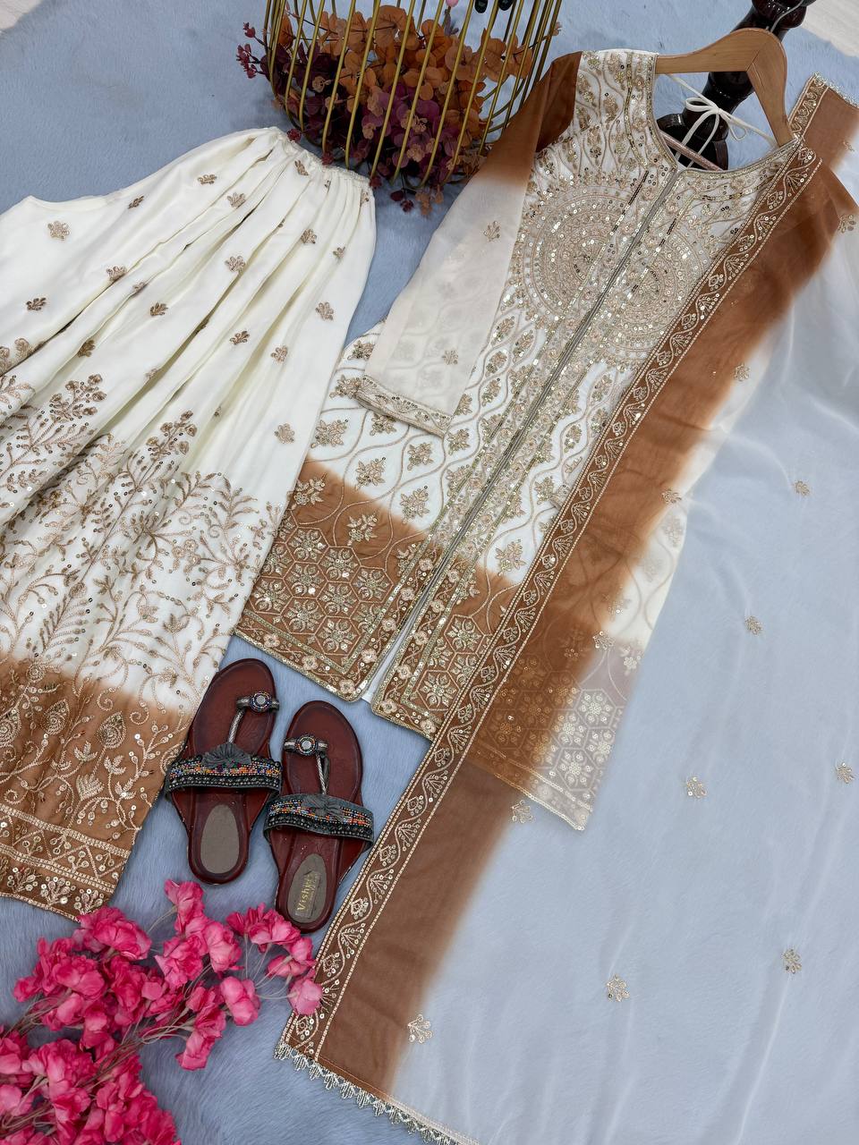 White and Brown Faux Georgette Embroidered Sequins Palazzo Suit Festive Wear