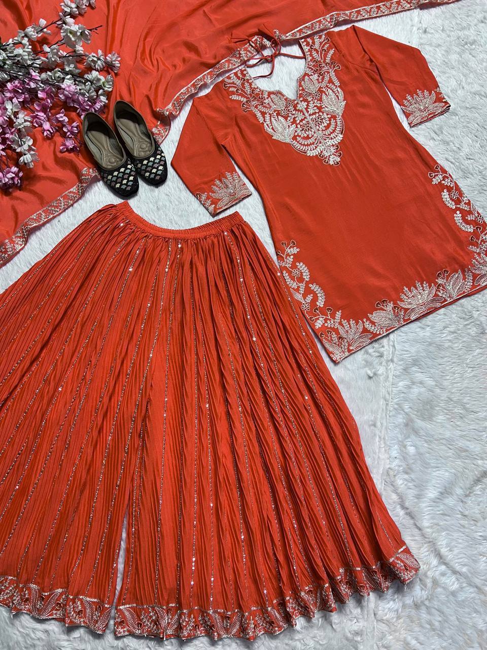 Designer Sharara Set in Pure Heavy Chinon Silk with Embroidery Coding Sequence & Full Embroidery Sleeve