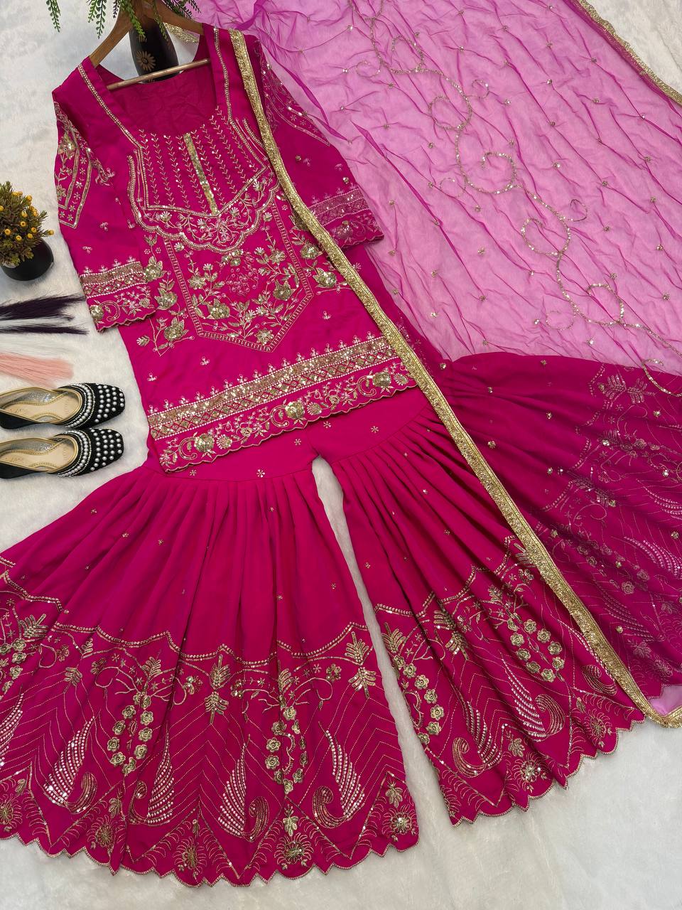 Designer Heavy Sindoor Silk 3mm Sequin Embroidered Top Sharara Palazzo & Dupatta Set