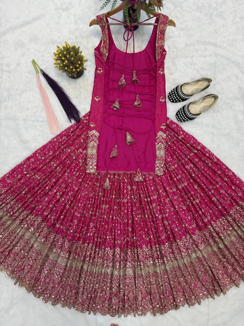 Designer Party Wear Chinon Silk Sequin Top with Lehenga and Dupatta