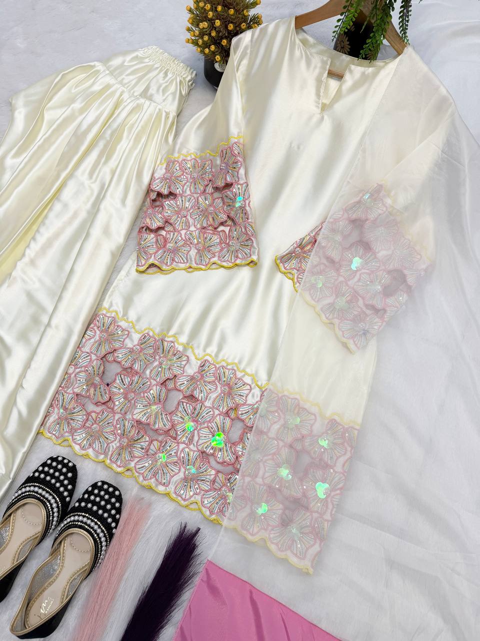 Designer Natural Crepe Silk Moti & Sequin Hand Work Top Farshi Salwar & Organza Dupatta Set
