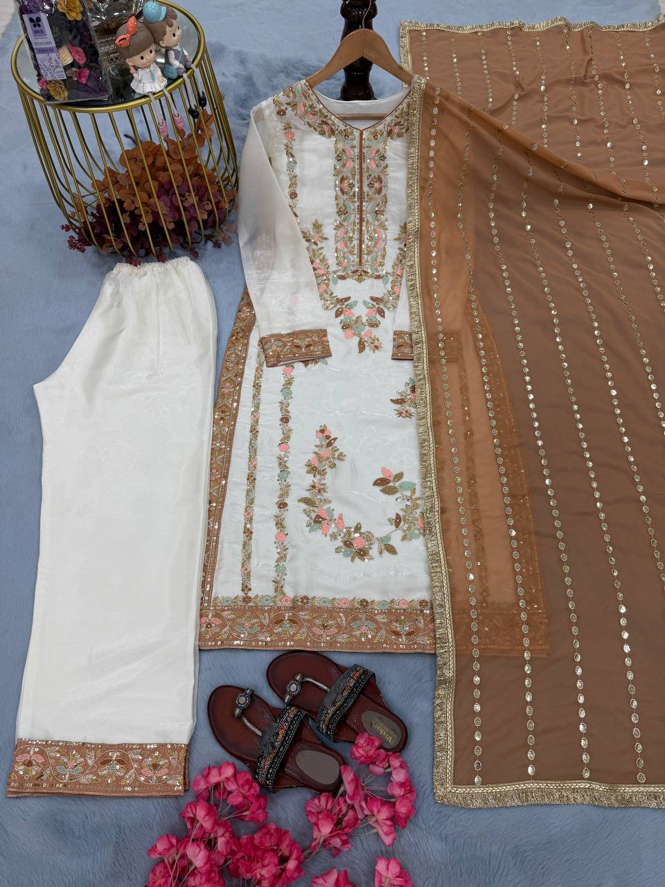 GMY Silk Sequin & Moti Embroidered Straight Pant Suit — Festive Wear