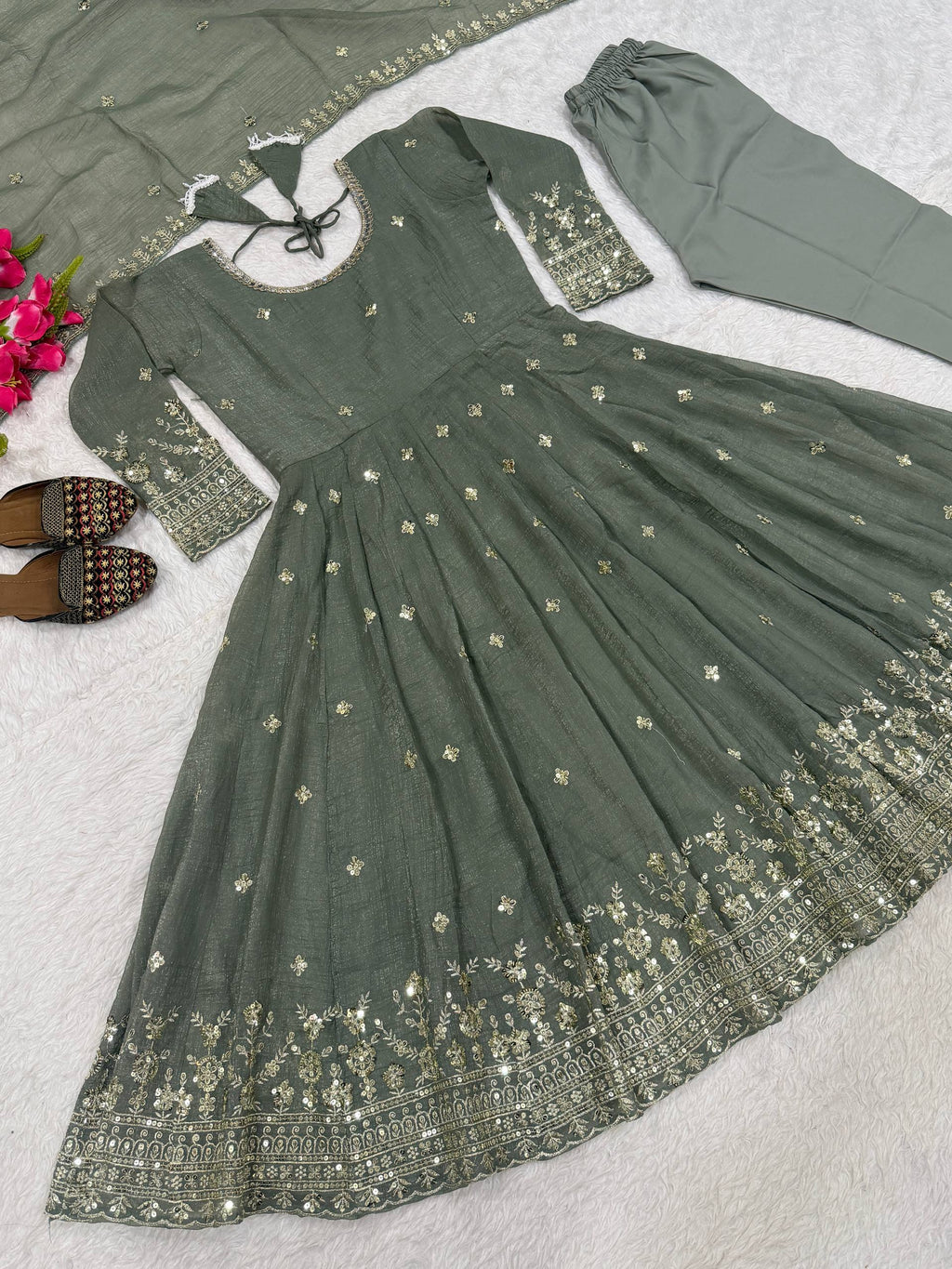 Designer Anarkali Suit in Heavy Crunchy Silk with Sequence Embroidery Work | ND-5065