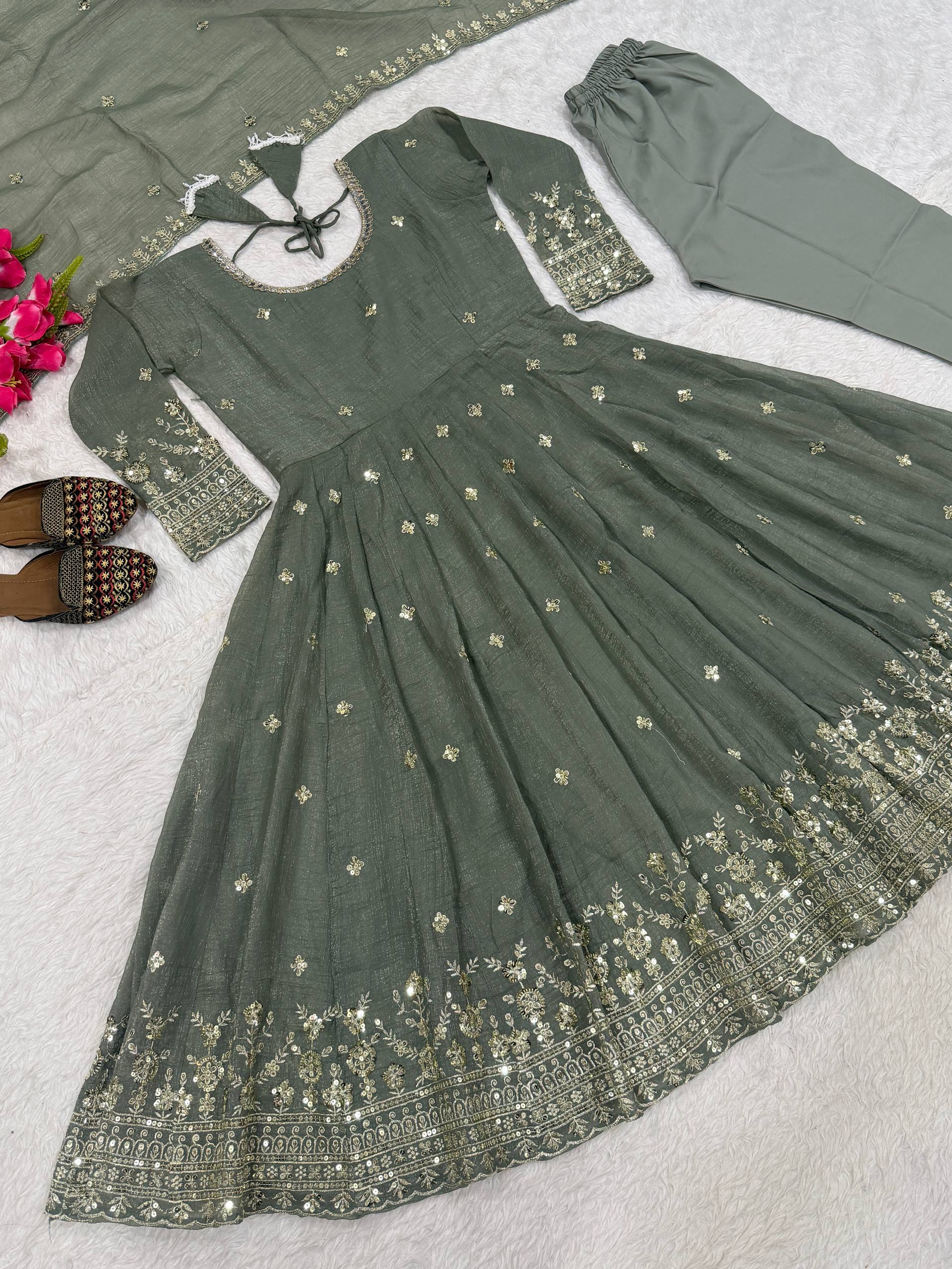 Designer Anarkali Suit in Heavy Crunchy Silk with Sequence Embroidery Work | ND-5065